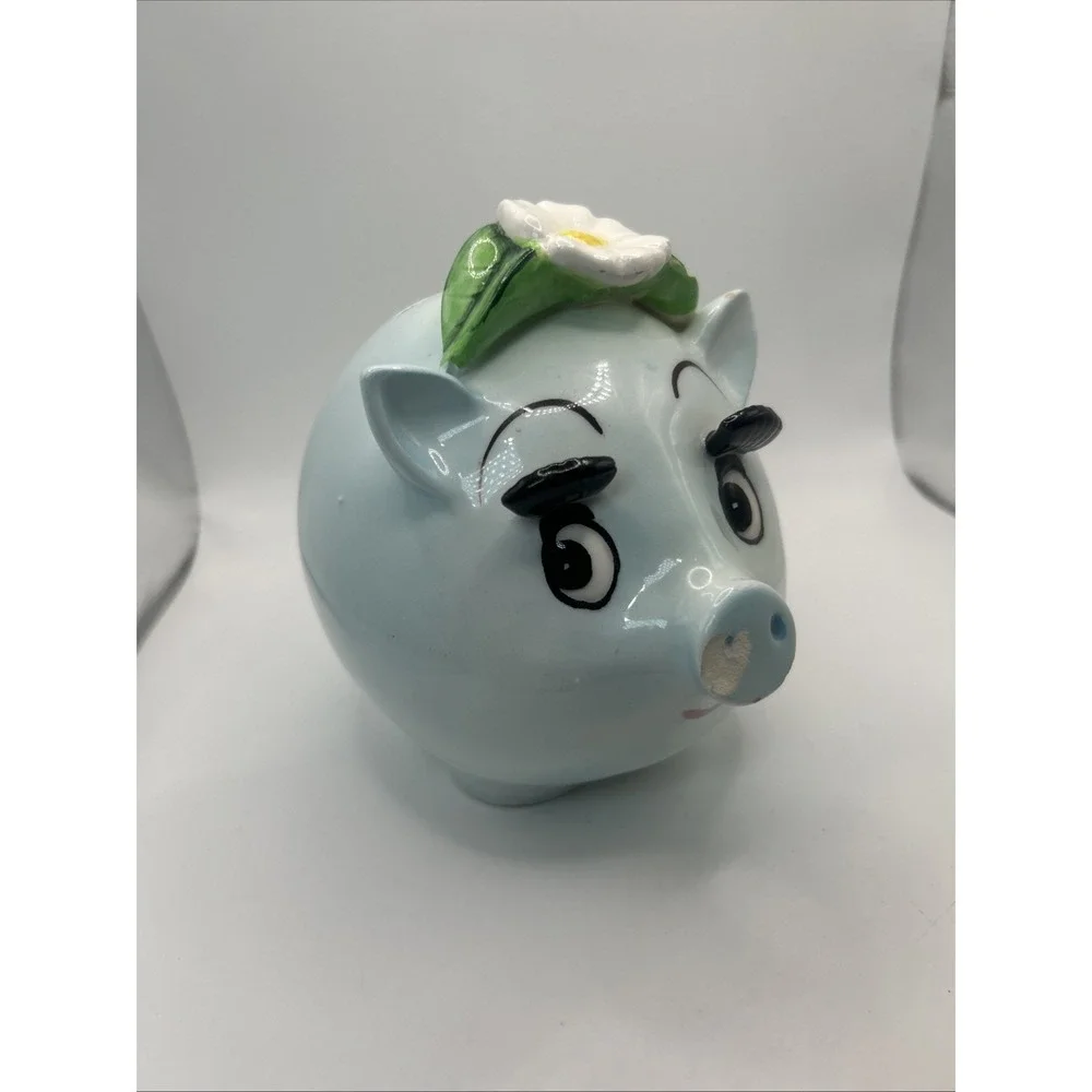 Ceramic Anthropomorphic Blue Piggy Bank Daisy Flower Long Eyelashes Vintage